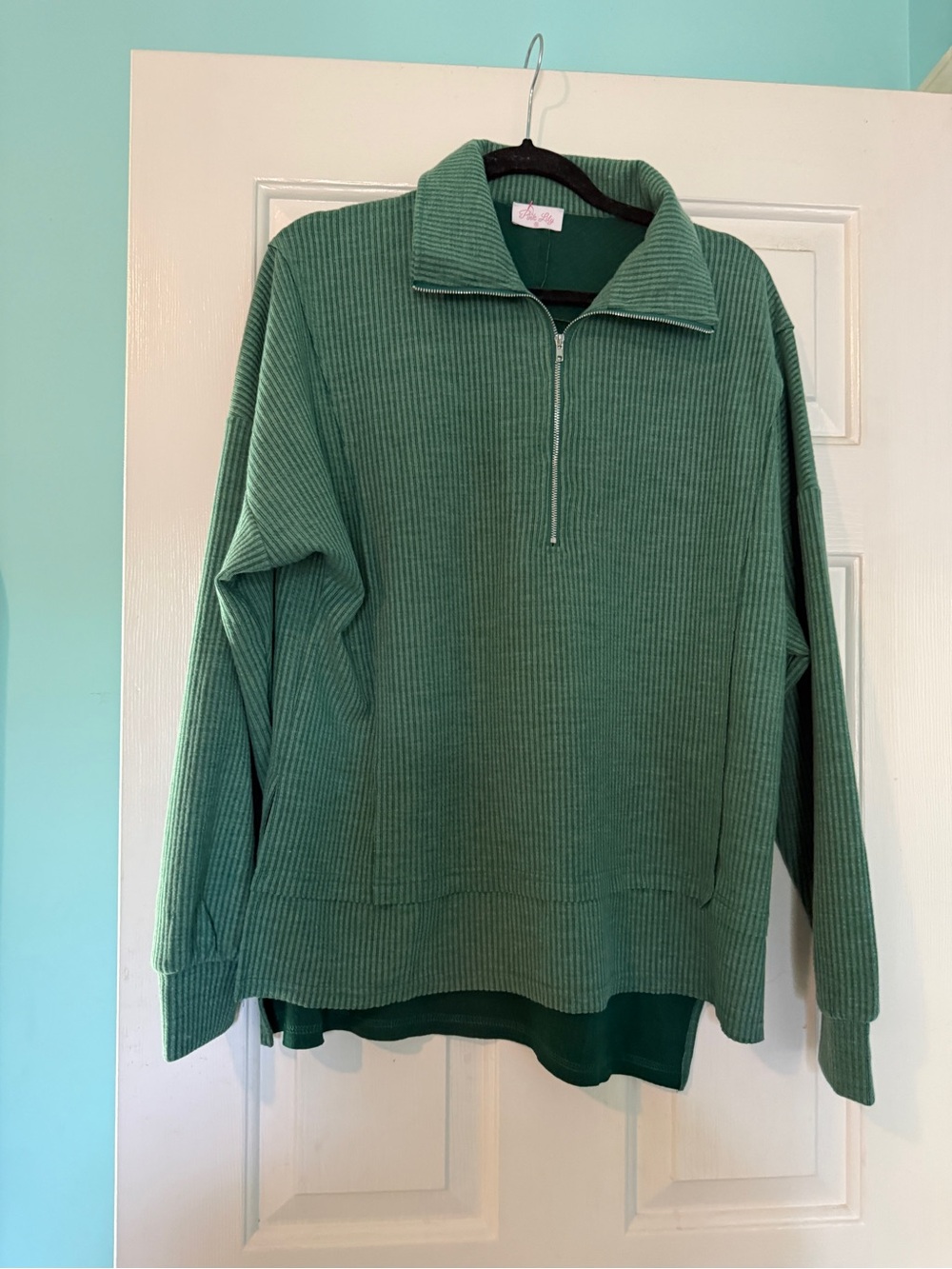 Pink Lily Ribbed Quarter-Zip Pullover in Sage Green